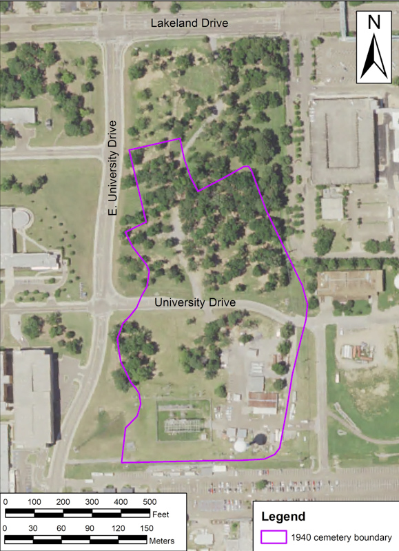 Ariel photo of the UMMC campus with outline of cemetery overlayed circa 1940 